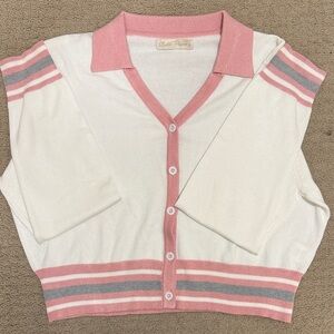 Cable & Gauge Women's Pink and White V-Neck Sweater